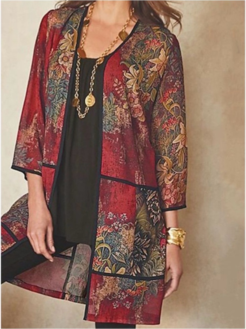Soft Surroundings Women’s Kimono Topper Red Floral Sheer Open Front Fall size XL